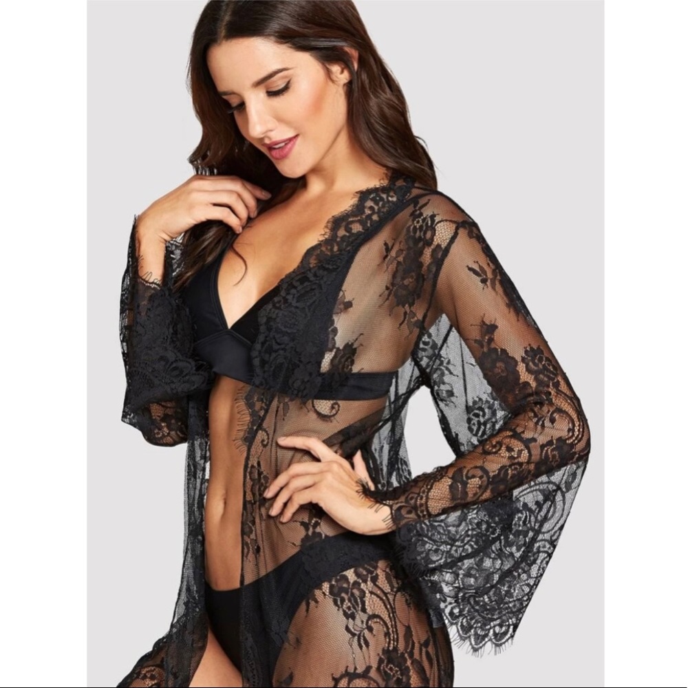Black Lace Robe with Thong